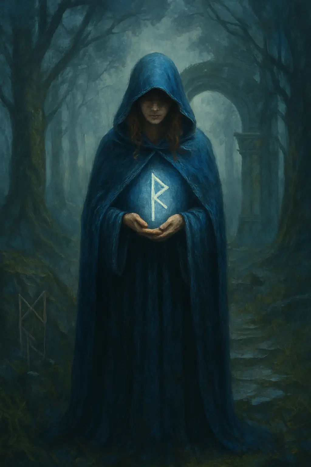 Svaihymn – Die Wächterin der Runen im Nebelwald Eine Frau steht in einem geheimnisvollen Wald mit einer leuchtenden Rune – Symbol für Magie, Schicksal und den Ursprung der musikalischen Geschichten von Svaihymn.