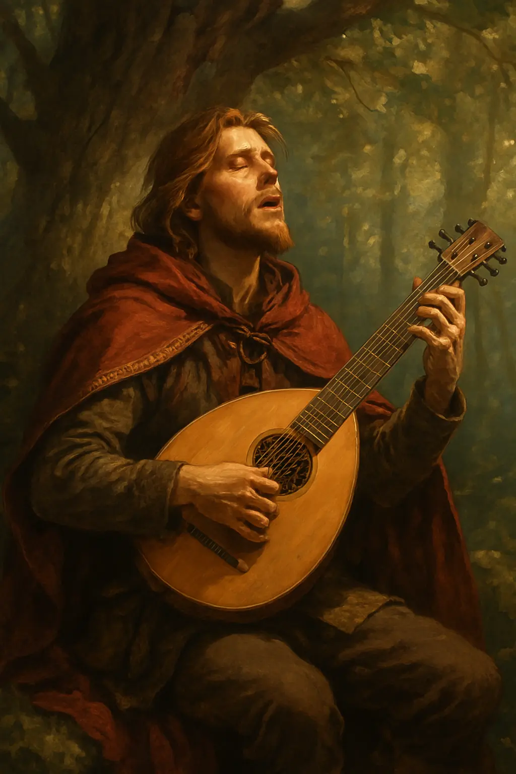 Svaihymn – Der singende Barde: Lieder aus der Stille Ein Barde sitzt entspannt an einem Baum und hält sein Instrument – er verkörpert die erzählende Seele von Svaihymn, in der Musik zur Erinnerung wird.